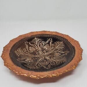 Vintage etched Copper footed decorative bowl in Great used condition 9"